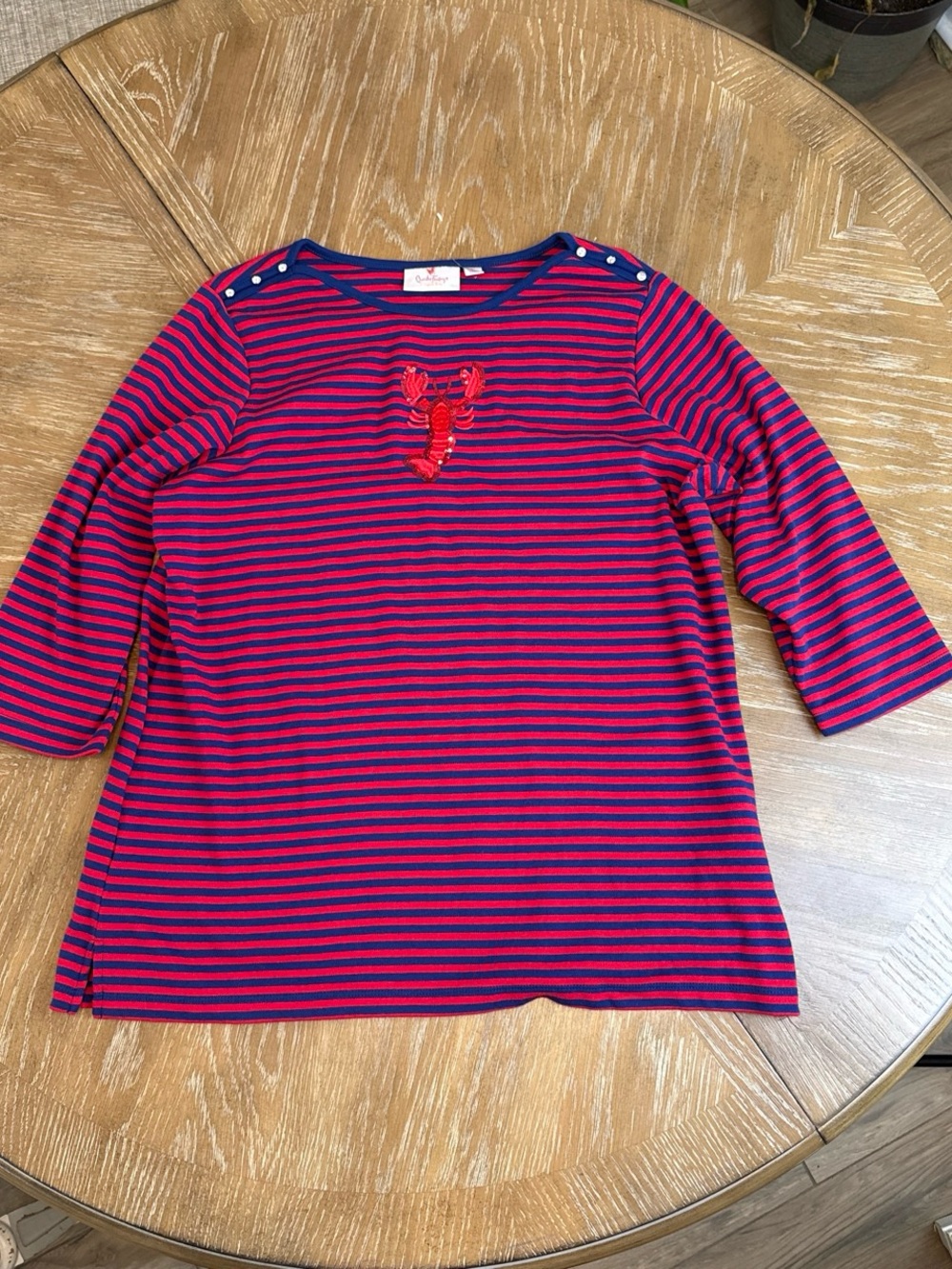 Quacker Factory Red & Navy Striped 3/4 Sleeve Top with Sequin Lobster crawfish